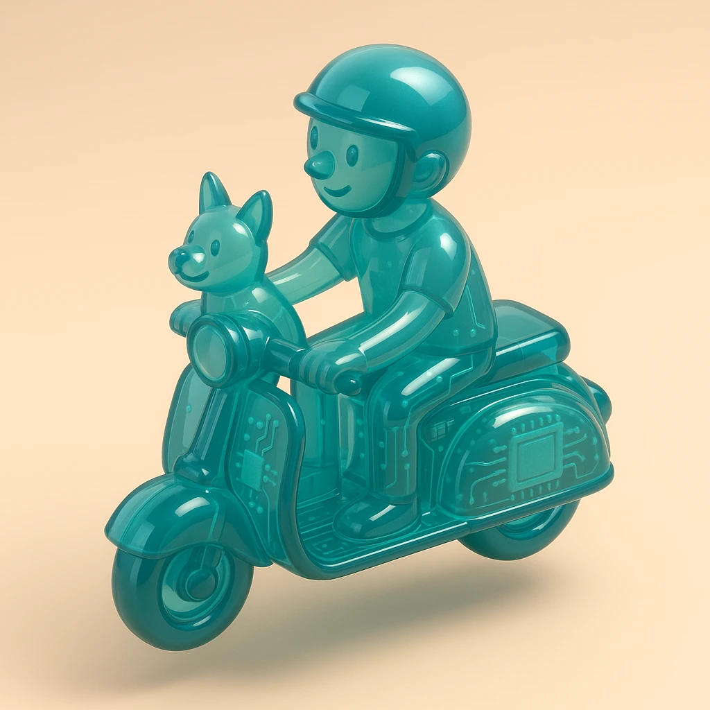 man and his pet dog riding a vespa emoji