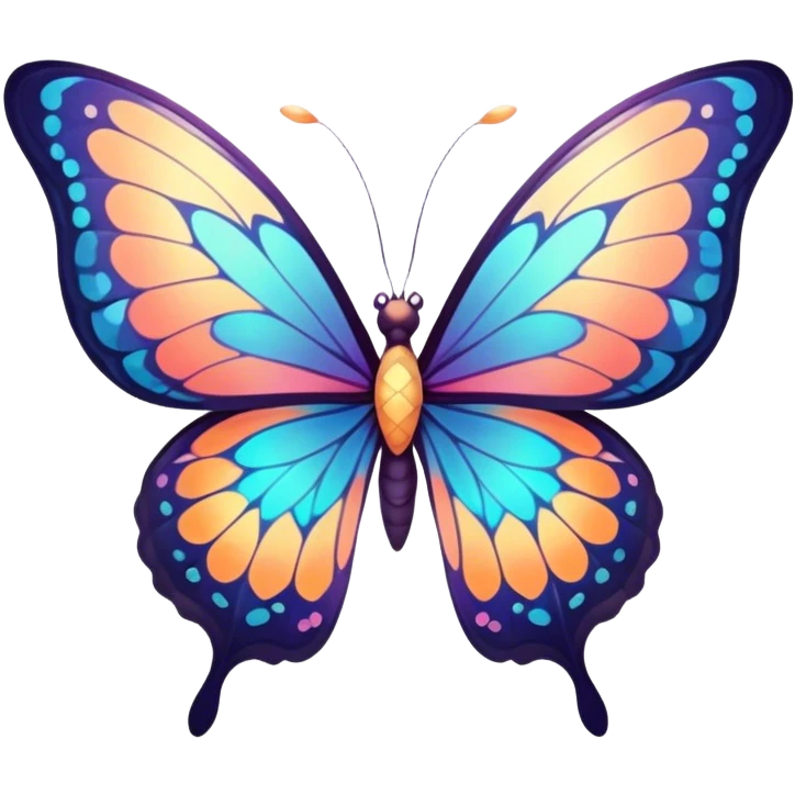 Cinematic Elegant Butterfly Portrait Emoji, Poised and ethereal, with delicate, intricately patterned wings in a kaleidoscope of soft, vibrant colors, a slender, graceful body, and gentle, observant eyes, Simplified yet exquisitely delicate features, highly detailed, glowing with a soft, radiant luminescence, high shine, intelligent and enchanting, stylized with an air of whimsical floral elegance, focused and poised, soft glowing outline, capturing the essence of a watchful butterfly that appears ready to flutter out of the screen with magical grace! emoji