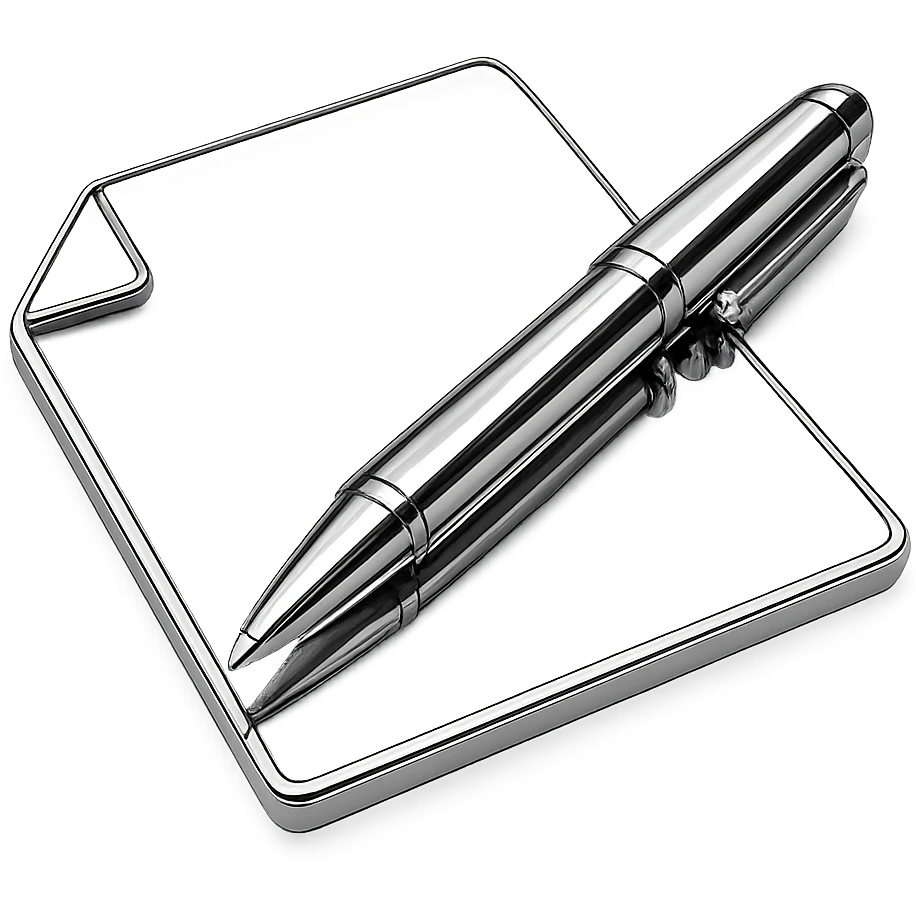 chrome style piece of paper with a metallic pen resting on it, highly reflective and polished emoji