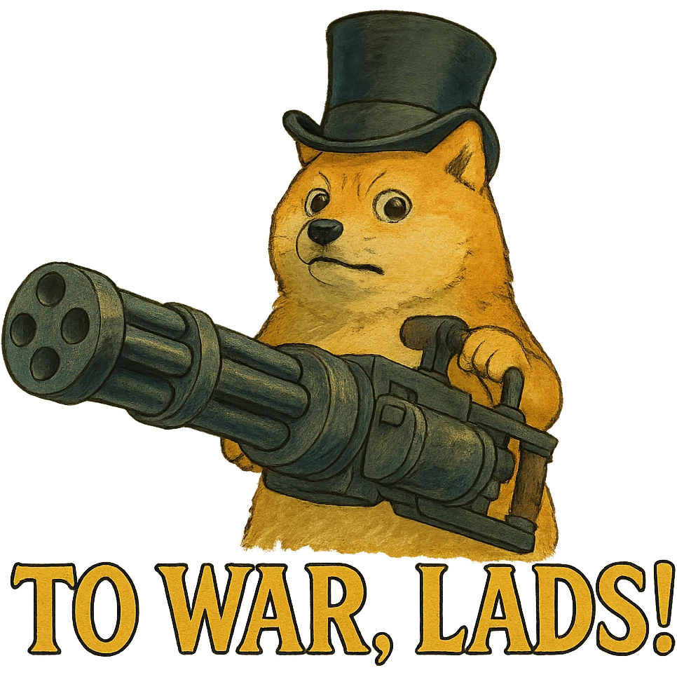 doge with a tophat and minigun, dramatic 'TO WAR LADS!' caption in ghibli style emoji
