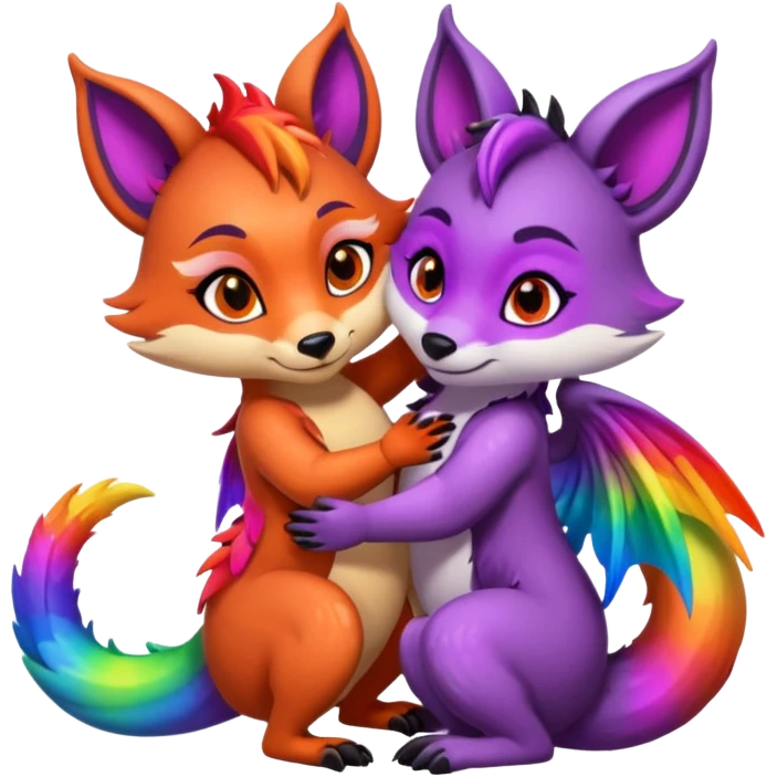 black female raccoon dragon hybrid with rainbow colored wings and purple eyes giving a big hug to a red female fox dragon hybrid with rainbow colored wings and orange eyes emoji