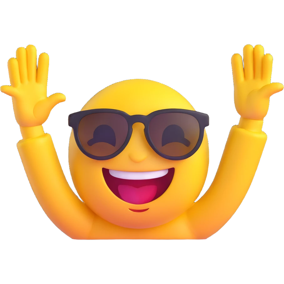 yellow emoji with sunglasses, hands up, fingers rubbing together, huge smile with bright grills emoji