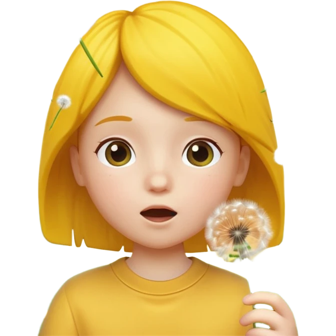 A 3D cartoon child blowing on a dandelion, seeds flying in the air, sunny garden background, realistic Memoji-style. emoji