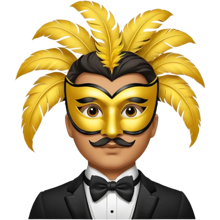 A man facing forward wearing a tuxedo with a yellow canary mask. The canary mask is in the style of a Venetian carnival mask. emoji