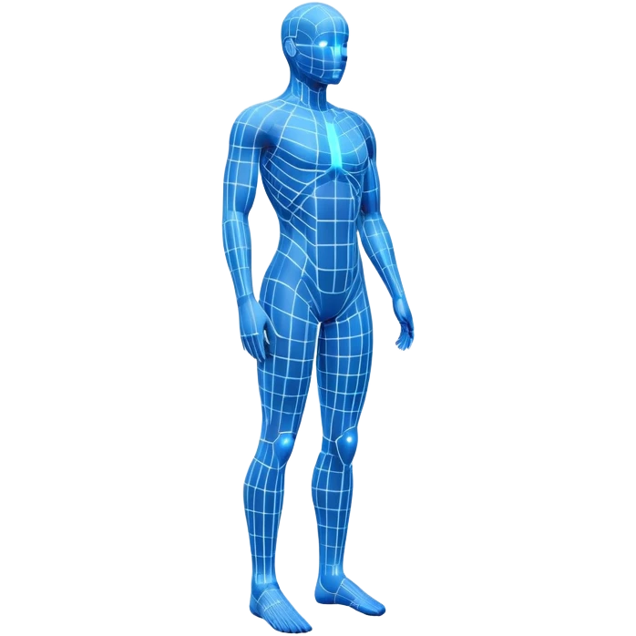 Human body silhouette with digital 3D scanning grid lines covering it, futuristic body scan emoji