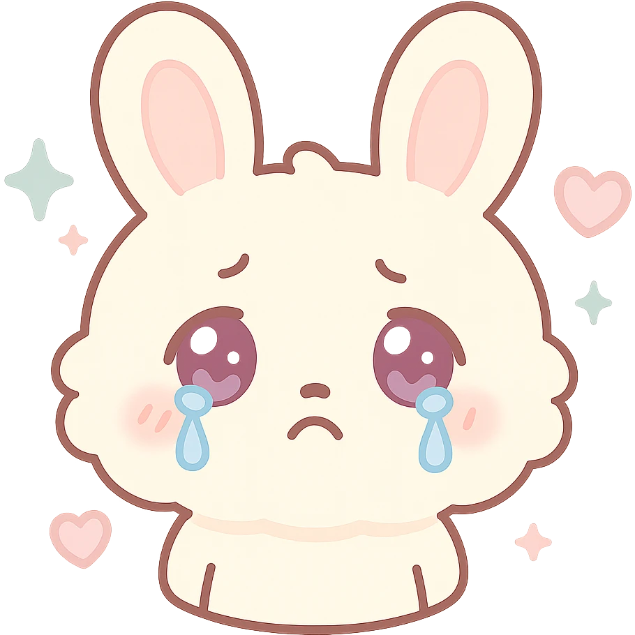 kawaii chibi-style bunny emoji with crying mood, round fluffy face, sparkly eyes, blushing cheeks, pastel color palette, soft rounded design, anime-style, sparkles and hearts, vector art, transparent background emoji