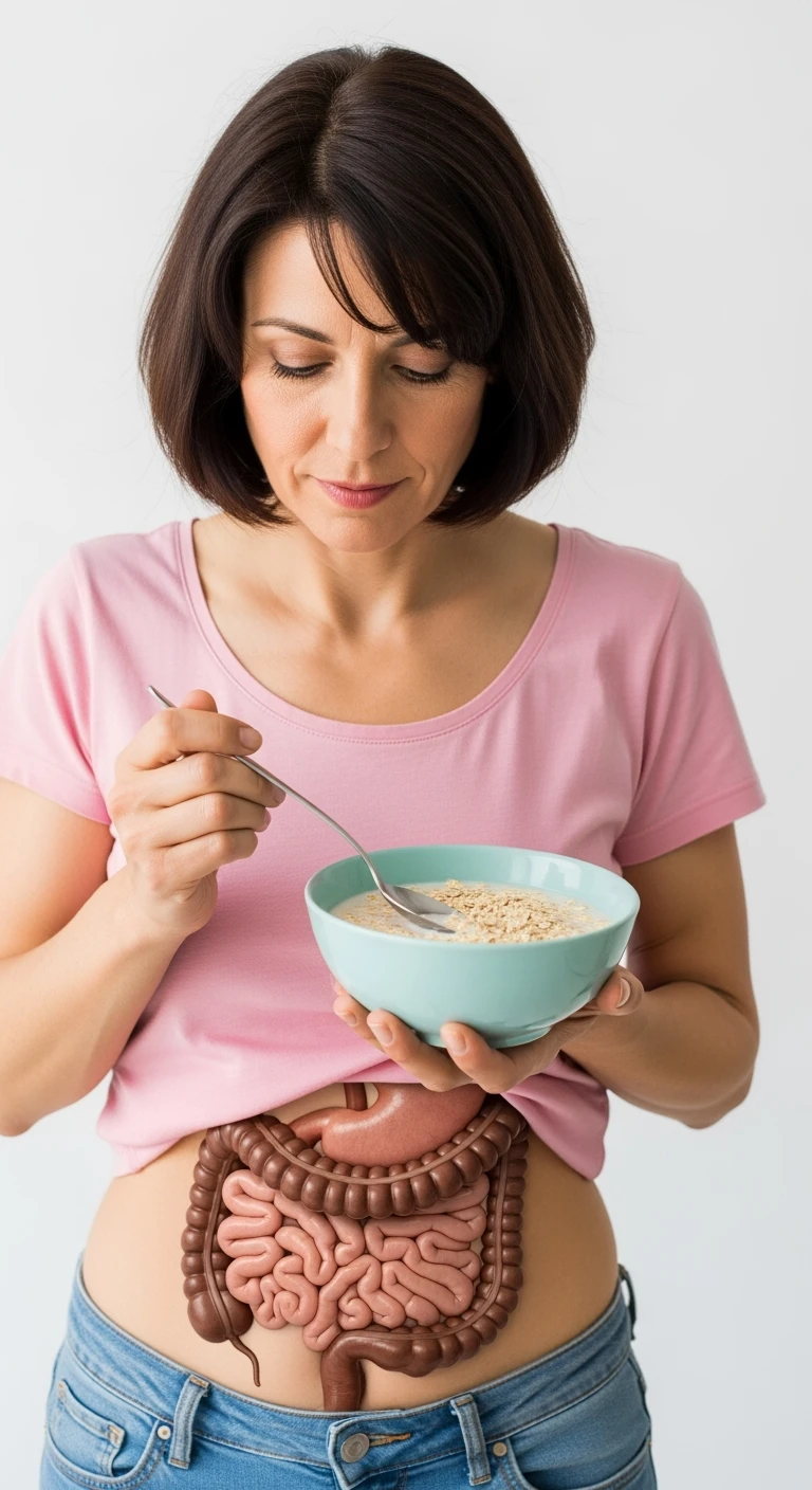 donna con bowl di avena in mano e intestino in evidenza, isolata su sfondo bianco emoji