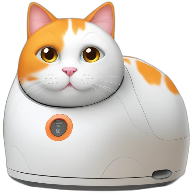 fat white and orange cat sitting on white robot vacuum emoji