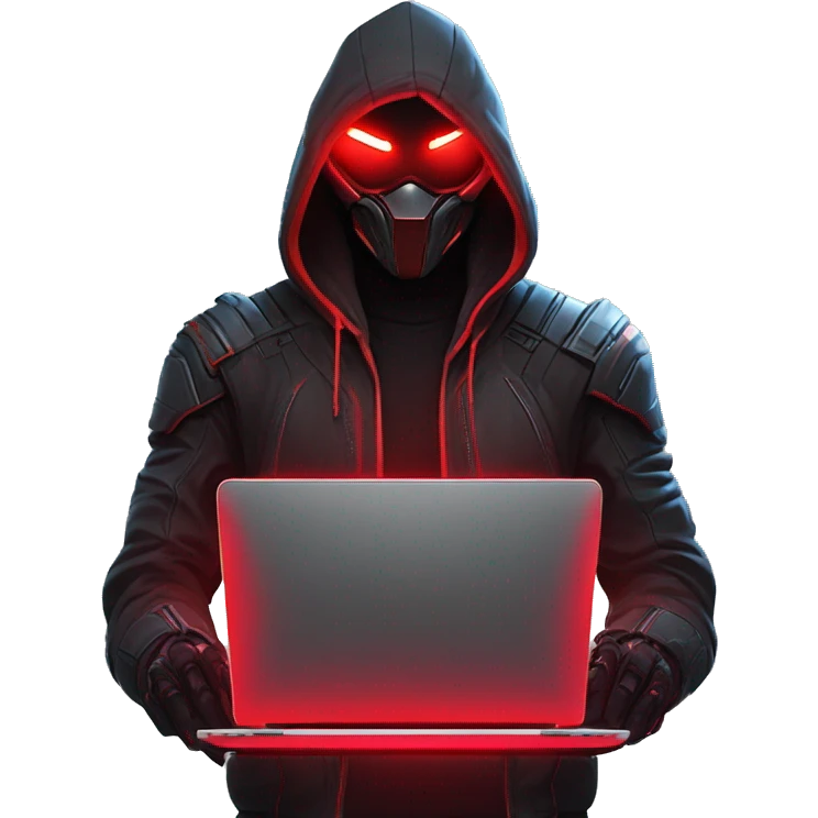 developer behind his laptop with this style : crysis Cyberpunk Riot Games Valorant neon glowing bright red character red dark black hooded assassin themed character emoji