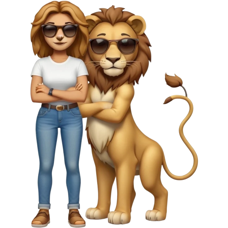 friendly anthropomorphised female lion character, full body, standing confidently with legs shoulder width apart and arms folded, wearing jeans, a white t-shirt, and dark sunglasses, with a confident smile emoji