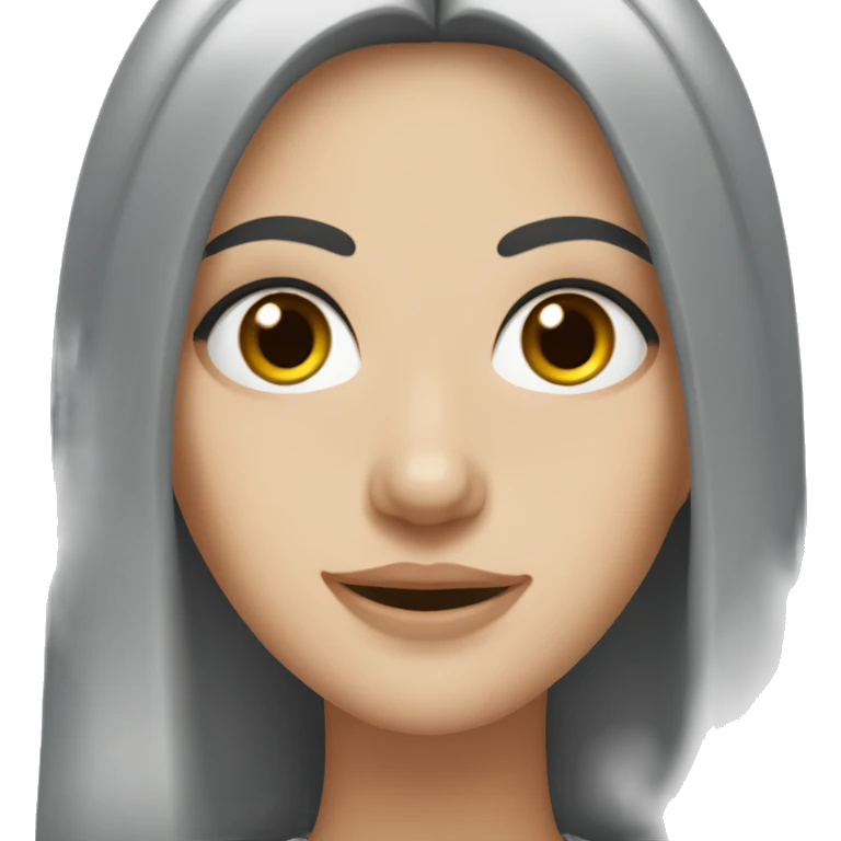 White girl, black hair, hazel eyes, wearing grey sweater  emoji
