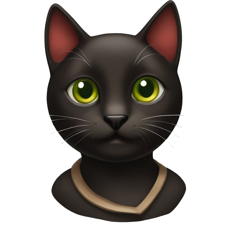 a dark brown and black cat with white spot in a chest with forest green and brown eyes with red collar emoji