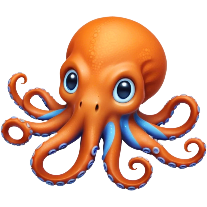 Cinematic Realistic Cute Octopus Portrait Emoji, Head tilted playfully and inquisitively, featuring a gracefully curving, compact body in vibrant orange adorned with delicate blue rings, and a charming, expressive face with round, sparkling eyes full of curious wonder; rendered with lifelike detail and soft natural highlights, high shine, affectionate and enchanting, styled with a touch of whimsical ocean magic, soft glowing outline, capturing the essence of a mischievous yet lovable octopus that seems poised to slither playfully into your arms! emoji
