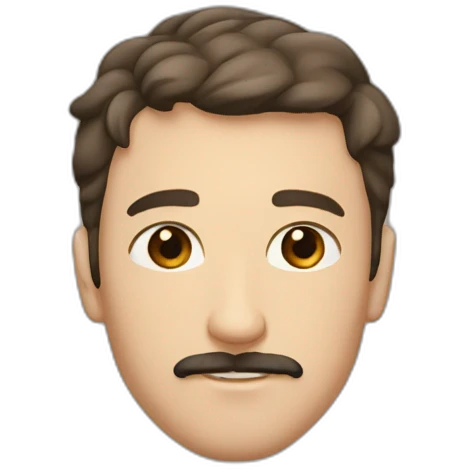 A young Caucasian man with dark brown eyes, almond-shaped eyes, short dark brown hair, and a small dark brown beard with a more prominent mustache. emoji