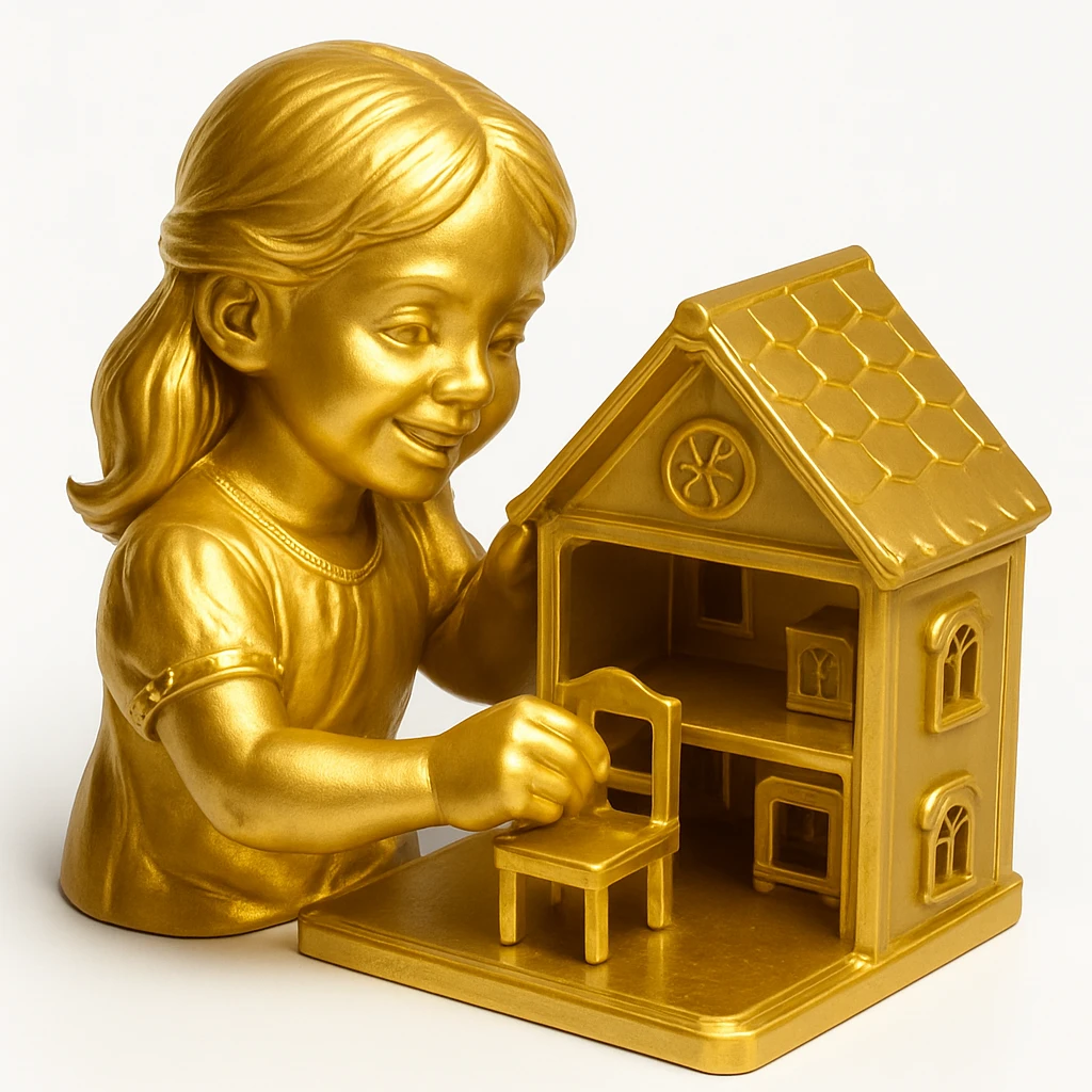smiling girl arranging furniture in doll house emoji