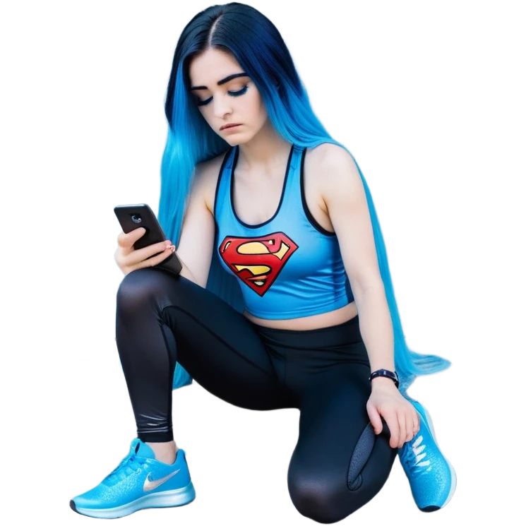 Shameful disappointed crying-very very very very big chest-texting on a samsung cell phone-very long straight flowing black to sky blue hair ombre-blue eyes-black eyeliner-long eyelashes-plastic sparkling sky blue very low cut tank top with sparkling superman logo-black leggings-nike sneakers emoji
