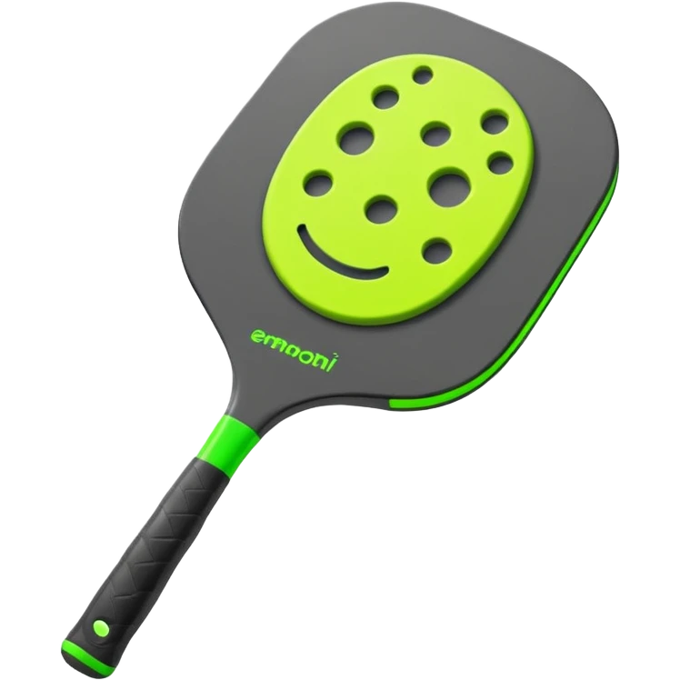 Modern Pickleball paddle graphite without holes, dark grey. 1 ball beside or on top the paddle florescent green at 45 degrees emoji