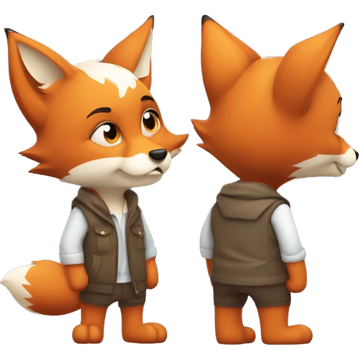 adorable adult male fox cub dressed in casual and playful human clothes. The fox is thinking intensely about something and scratching his head with his hand, there is a serious and thoughtful expression on his muzzle emoji