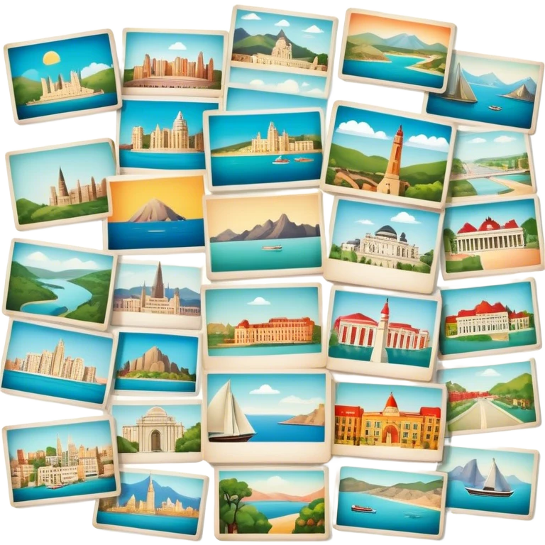 Icon for Postcard Collecting: a collection of colorful vintage postcards, featuring scenic views, landmarks, and greetings, arranged neatly in an album or on a display board. The icon should convey the charm and nostalgia of postcard collecting. Transparent background. emoji