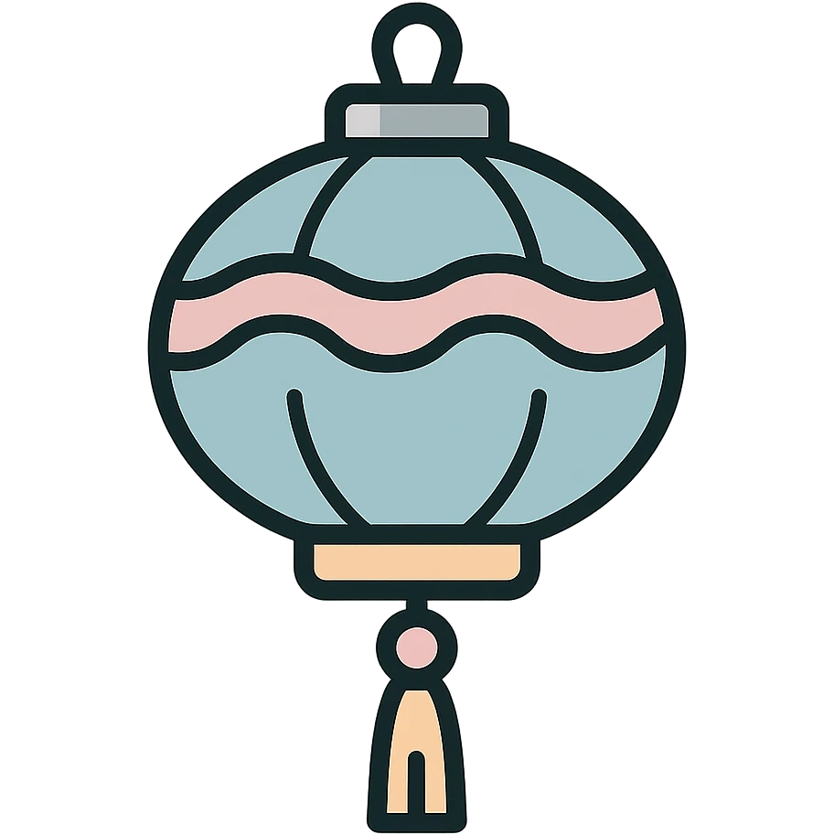 beautiful Chinese lantern with wavy ornament and tassel, icon-color-outlined style, thin clean contours, soft rounded shapes, pastel palette #98B5BC, #B5B3C1, #C9A3C9, #E4C0CA, #F7DCD1, #F7C0AA, detailed shadows and highlights, soft lighting, transparent background, eastern style emoji