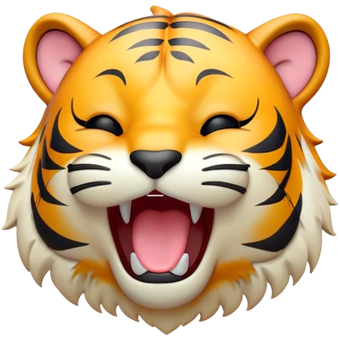 Cinematic Cute Yawning Tiger Portrait Emoji, Head tilted slightly with a dramatic, wide-open yawn, showcasing a lithe, striped body with drowsy, half-closed eyes and an open, relaxed expression, Simplified yet irresistibly adorable features, highly detailed, glowing with a soft, cozy wild glow, high shine, relaxed yet expressive, stylized with a dash of whimsical jungle charm, soft glowing outline, capturing the essence of a drowsy yet affectionate tiger that appears ready to stretch out for a nap! emoji