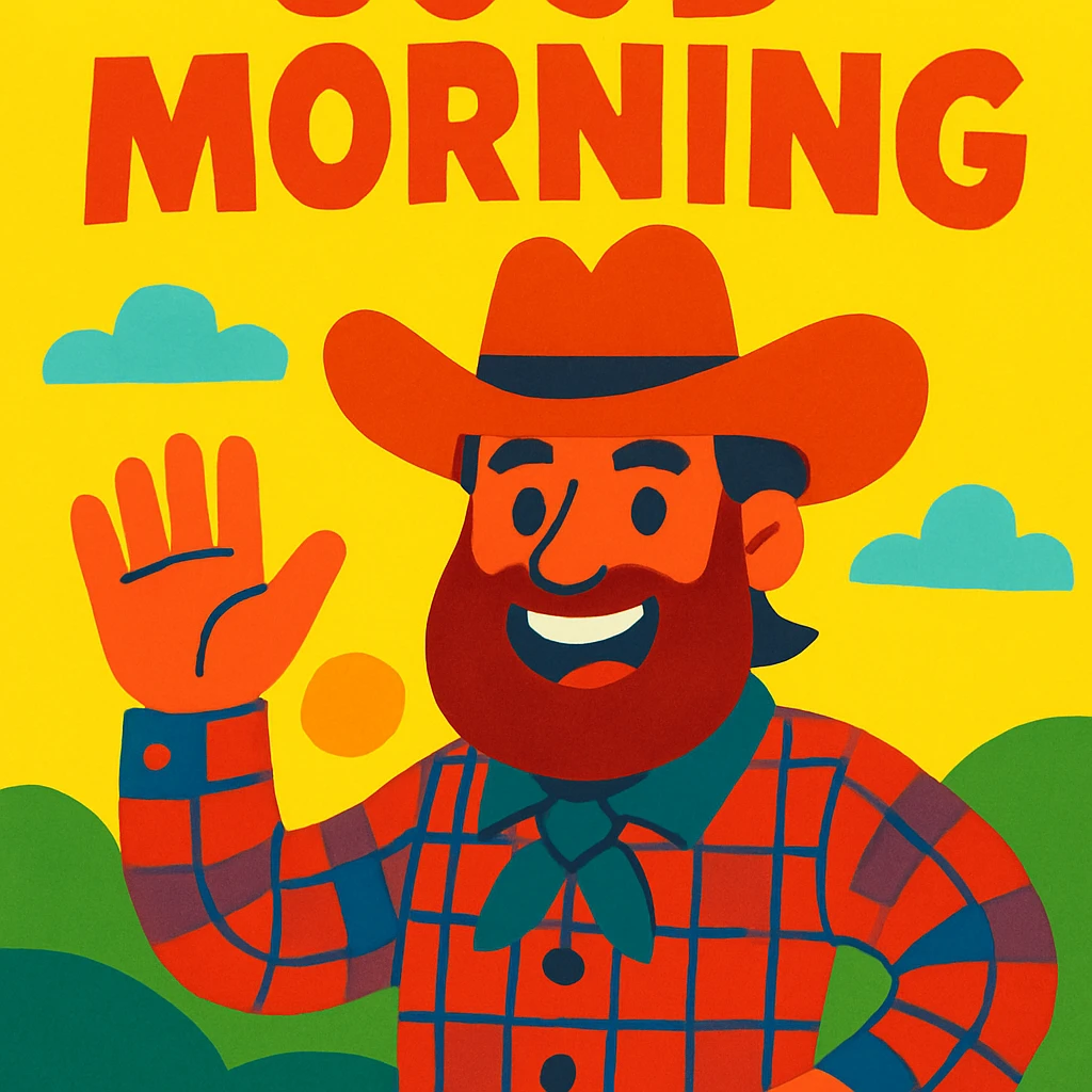 bearded cowboy giving good morning, colorful and friendly illustration style emoji