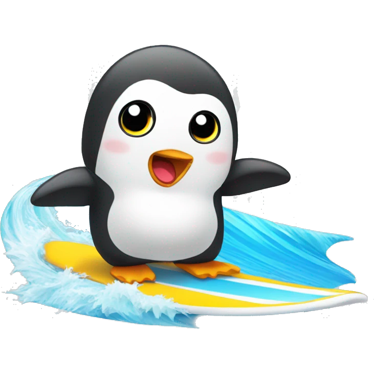 Cute baby pingouin surfing emoji