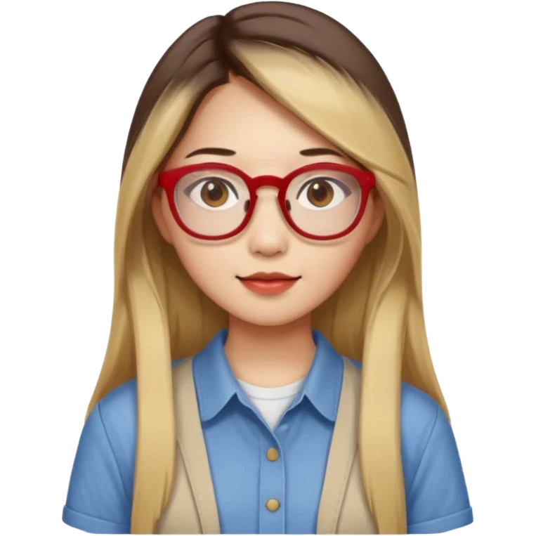 20 yr old asian woman, straight thick long brown hair, blond at ends of hair, middle part, big red glasses, brown eyes, casual shirt emoji