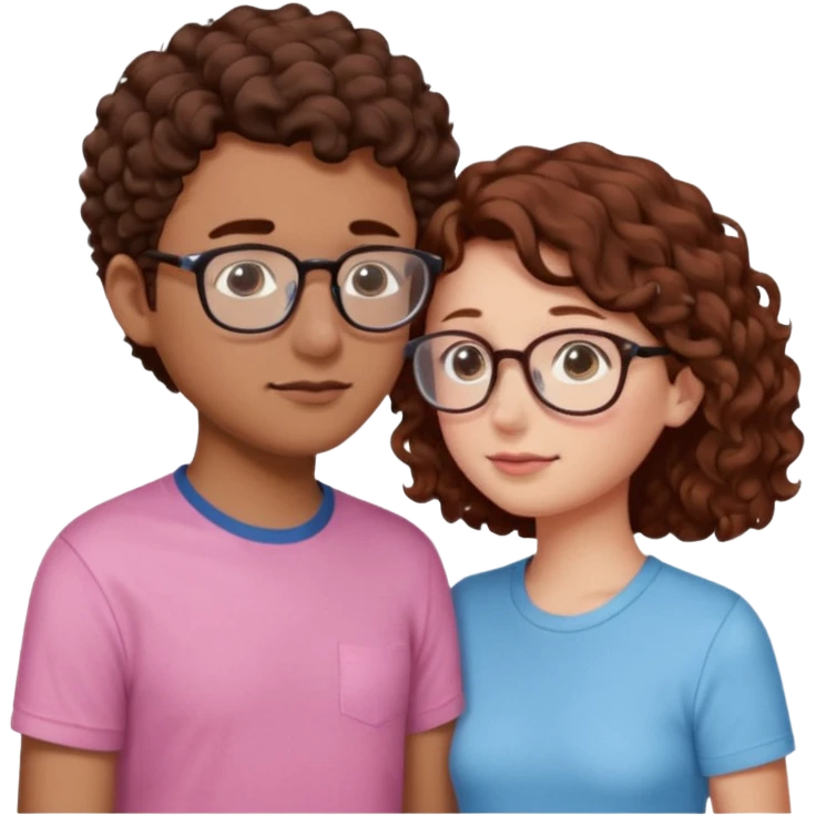 a couple where de girl has short, redish brown hair, pink shirt and the boy has short curly dark brown hair, has glasses and has light blue shirt. they are facing each other and their noses touch emoji