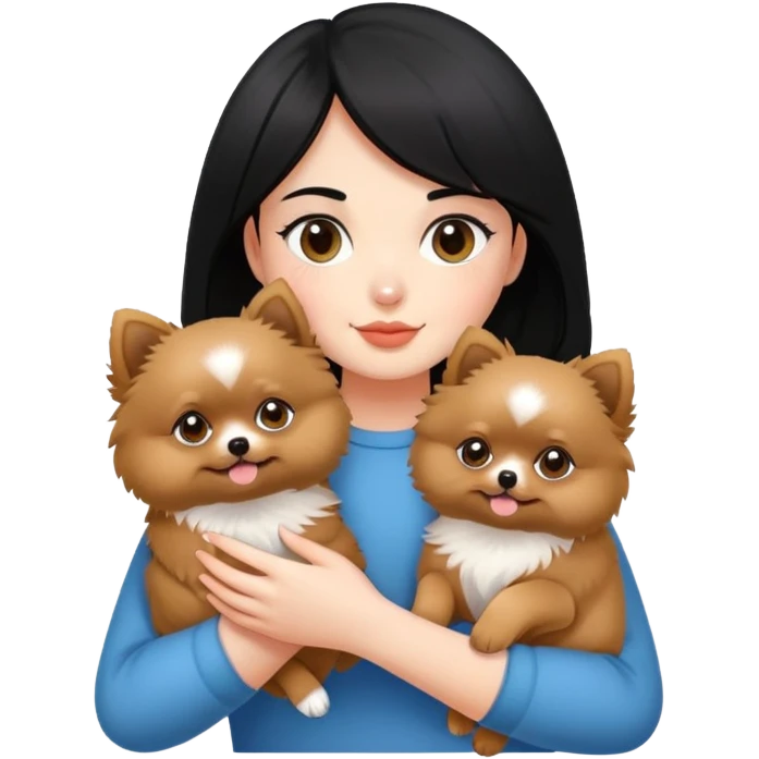 黑色头发女孩抱着两只小博美 emoji