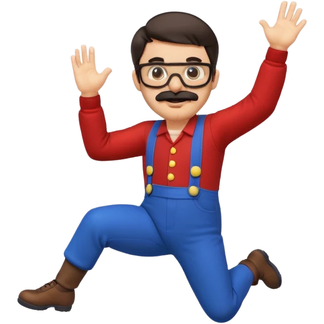 person with glasses, short dark hair, mustache and beard, dressed as Mario, jumping pose emoji