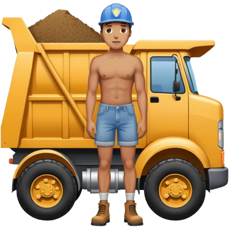 Man with denim booty shorts standing in front of a dump truck  emoji