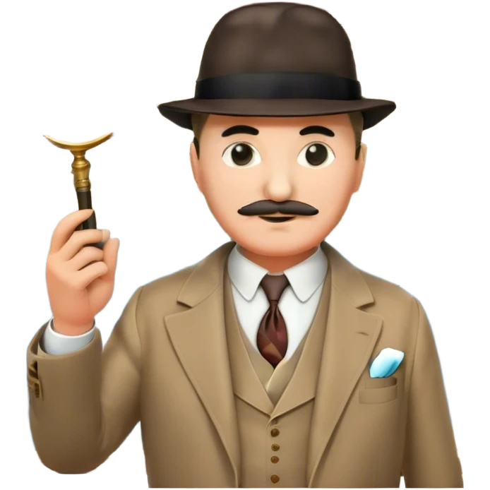 A cinematic-style frame showing Hercule Poirot in his iconic suit with a magnifying glass in a dramatic detective pose. Background should be mysterious city, map, a board with photos of suspects, clues like fingerprints. Transparent background. emoji