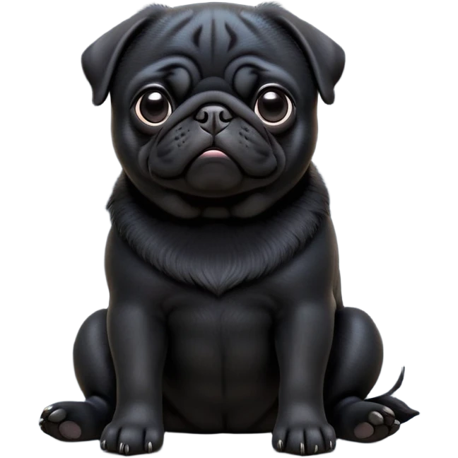 cinematic-[black pug]-realistic-full-body-sitting-emoji,-tail-resting-loosely-beside-its-paws,-head-tilted-dramatically, -sleek-[black]-fur,-simplified-yet-realistic-focused-features,-highly-detailed,-glowing-with-an-almost-sarcastic-glow emoji