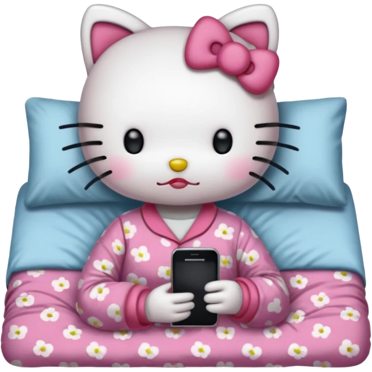 hello kitty tucked into bed on her phone emoji