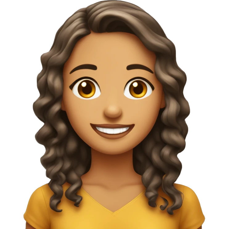 una chica de pelo cafe ondulado con ojos color miel sonriendo  emoji