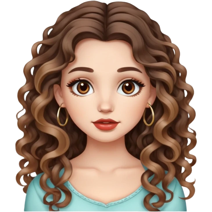 cute girl with not volominous VERY LONG curly/wavy brunette hair with balayage, brown eyes, full lips, cute makeup and hoop earrings white girl: in love face emoji