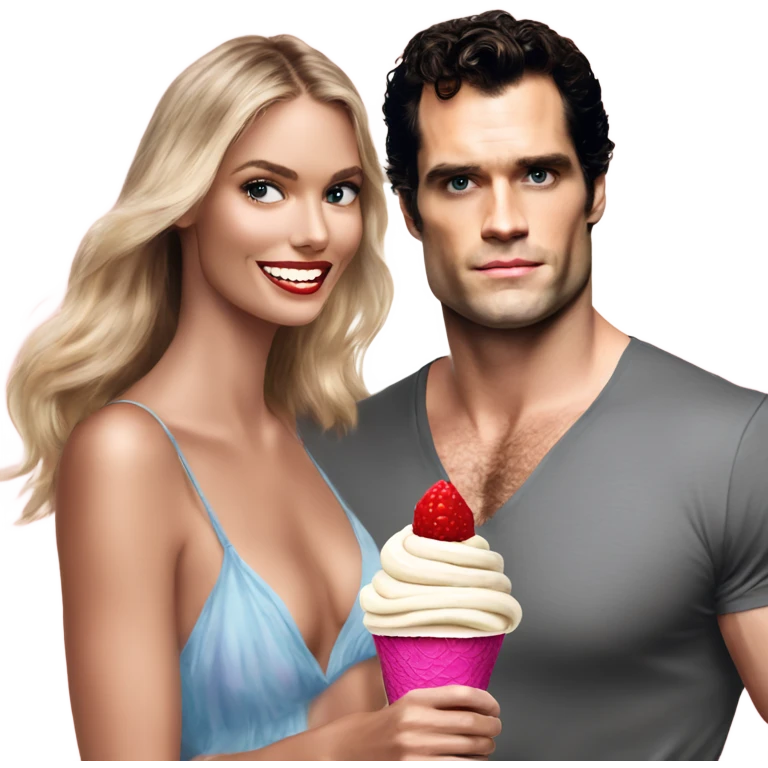 realistic photo of Henry Cavill with a beautiful victoria secret model sharing ice cream  emoji