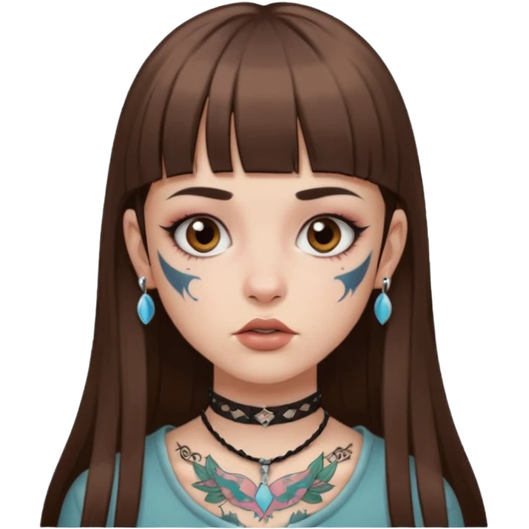 Alternative girl with long straight brown hair and micro bangs and a throat tattoo emoji