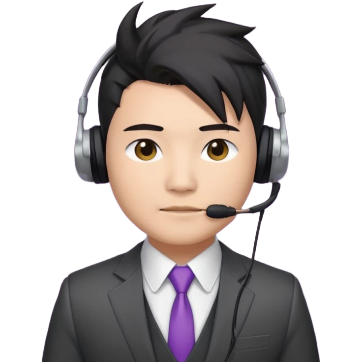 asian man headset suit face only spikey hair in front dark hair gay shirt chubbier face emoji