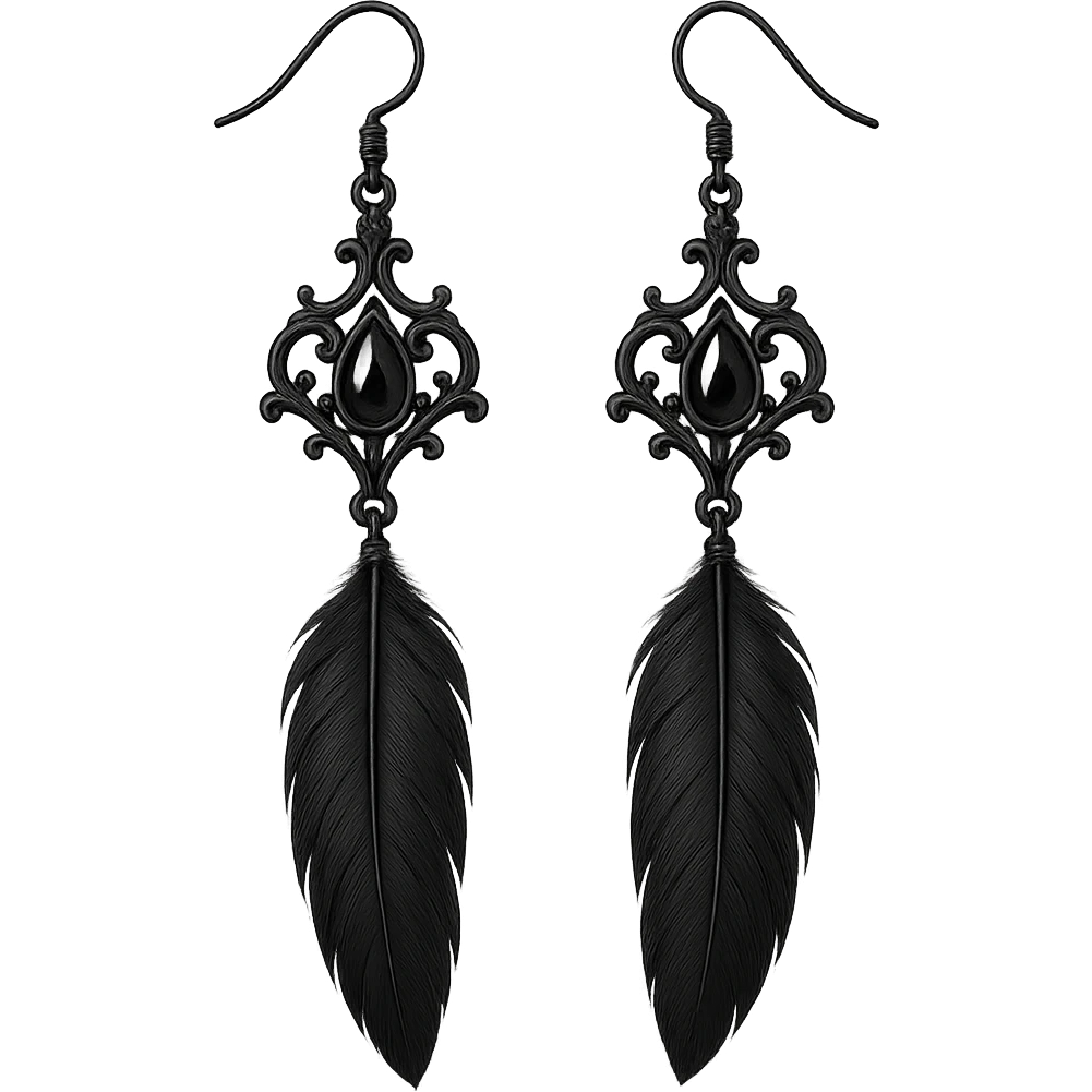 goth earrings, black crow feather, mysterious gothic style, elegant emoji