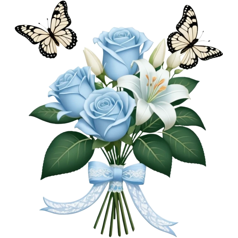 A classic bouquet of pale blue roses, delicate white lilies, and trailing jasmine, tied together with an embroidered ivory ribbon. A butterfly with lace-like wings hovers nearby, casting a soft, intricate shadow over the bouquet. emoji