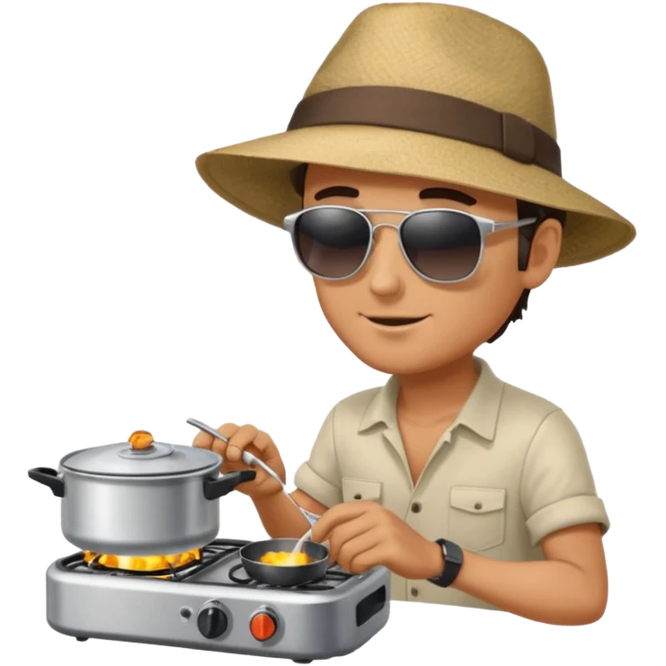 A man camper boiling water on a portable stove, enjoying the outdoor breeze.
 emoji