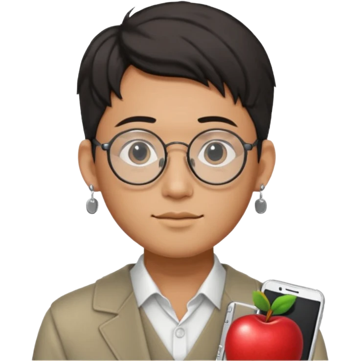 korean male guy 20s wearing an apple notebook, wearing radio earrings, round glasses, achromatic clothes, and achromatic clothes. emoji