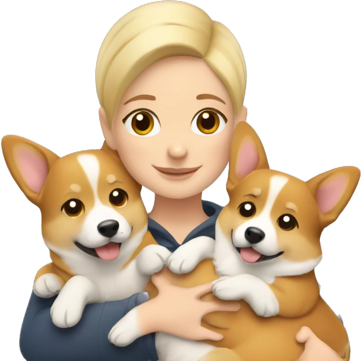 Blonde girl with short hair hugs two corgis emoji