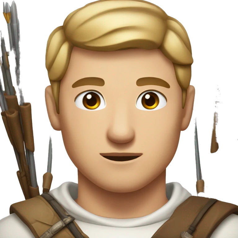 a male archer, looking into the direction of the aim, eyes closed, wearing a white shirt, very short brown hair, bright skin, only show upper part of the body from waist up emoji