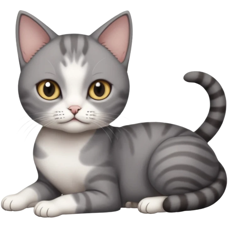 full body tiny short hair dark grey and white cat with white front legs anh azel eyes lying down emoji
