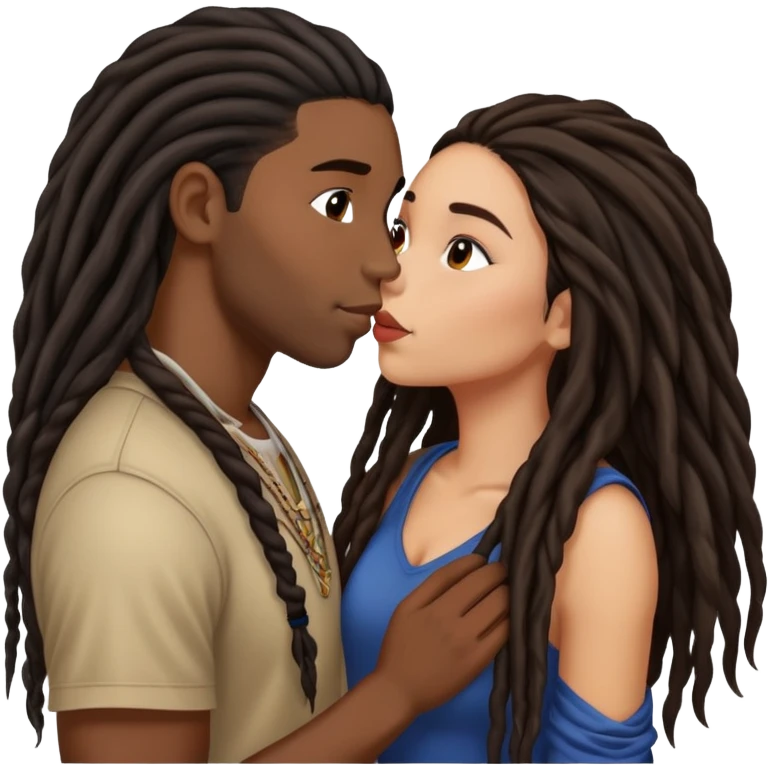 Latina Woman with long hair kissing a young black guy with dreads no beard emoji