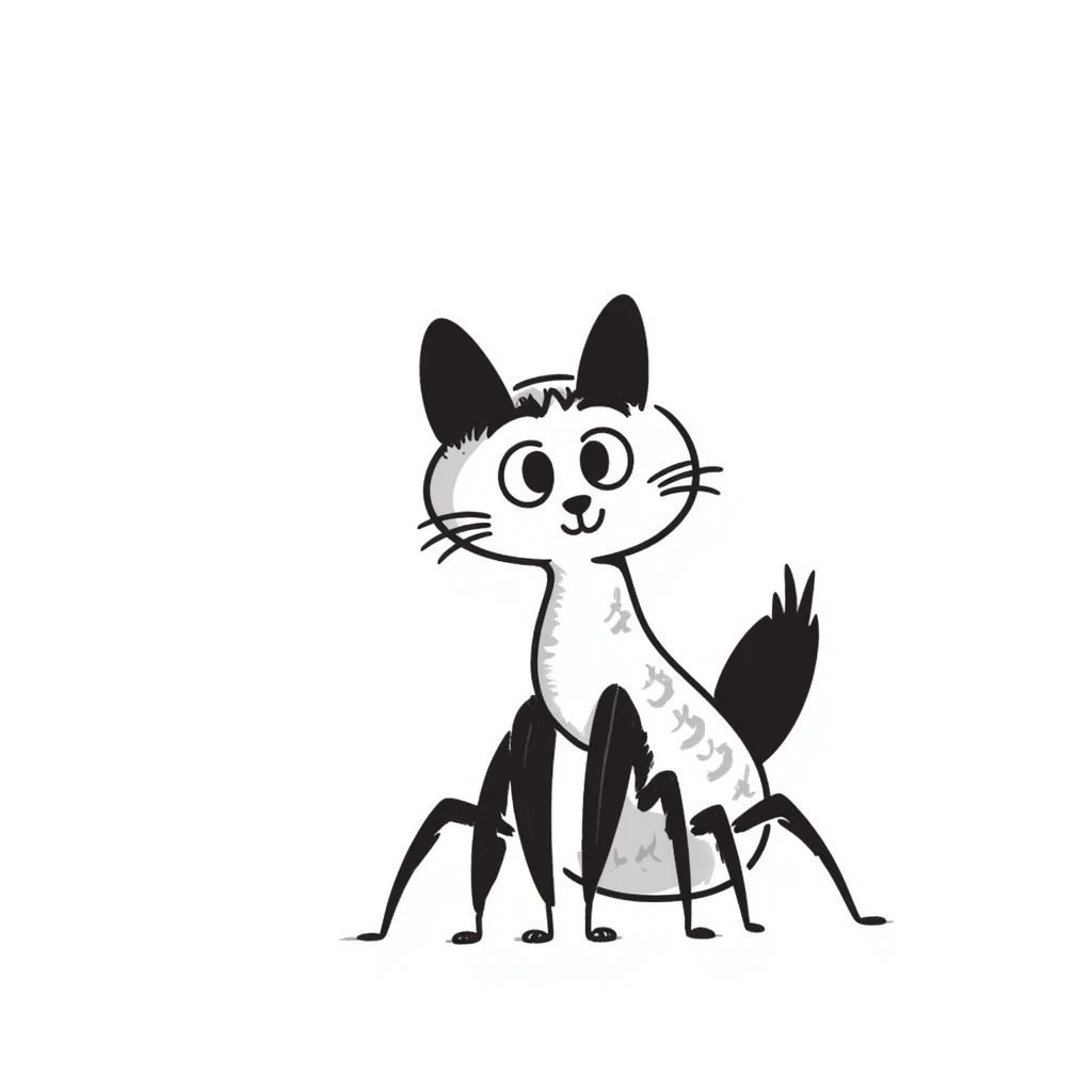 A quirky hybrid creature with a cat's body and head but with mantis-like front limbs. It has cat ears, whiskers, and a furry body, but with the distinctive praying mantis forearms. The creature has large cat eyes but is in a slight mantis-like pose. emoji