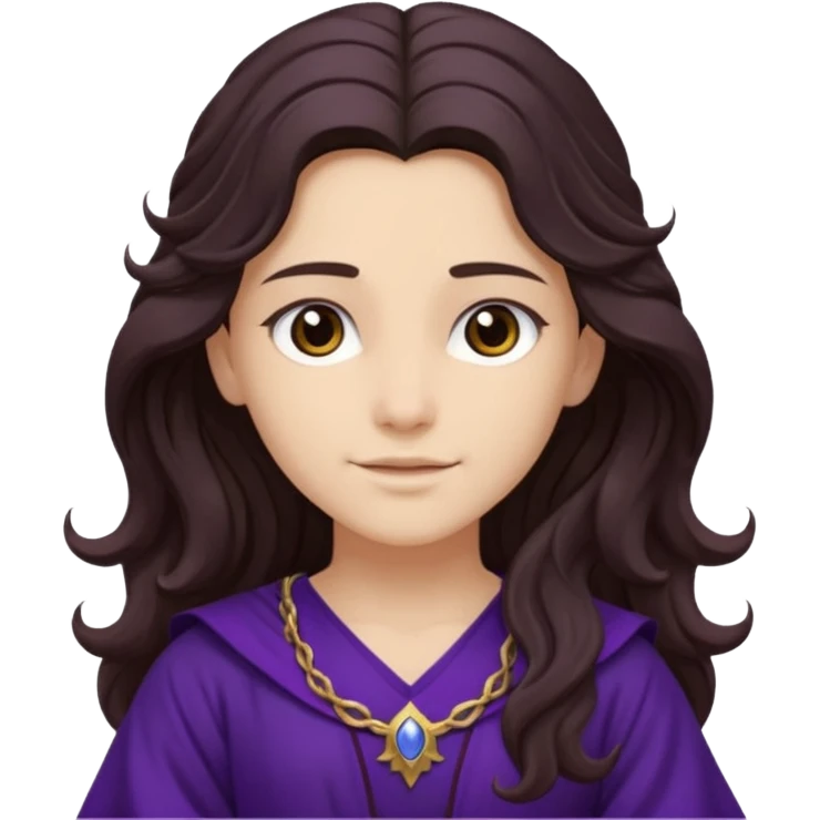 Libera from Olympus Gods with long dark brown wavy hair, deep purple tunic emoji